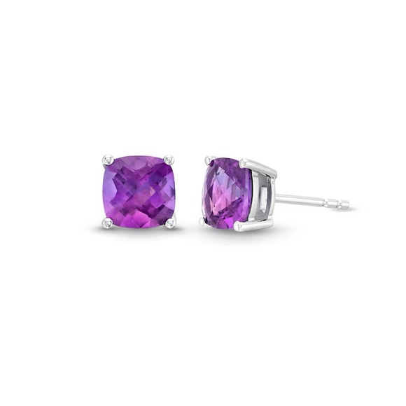 Zales 8.0mm Cushion-Cut Amethyst Stud Earrings in 10K White Gold - Picture 1 of 4